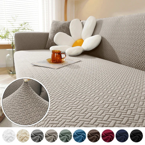 Capa de Sofá Elástica Jacquard cor creme em sala moderna com paleta de 11 cores disponíveis - Vittara Decor
