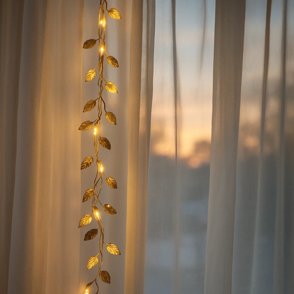 Cordão de Luzes LED Folhas Douradas pendurado em janela ao entardecer — Vittara Decor