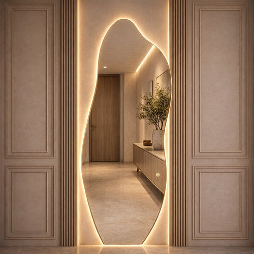 Espelho orgânico lapidado com LED de luz quente contornando toda a borda - Vittara Decor