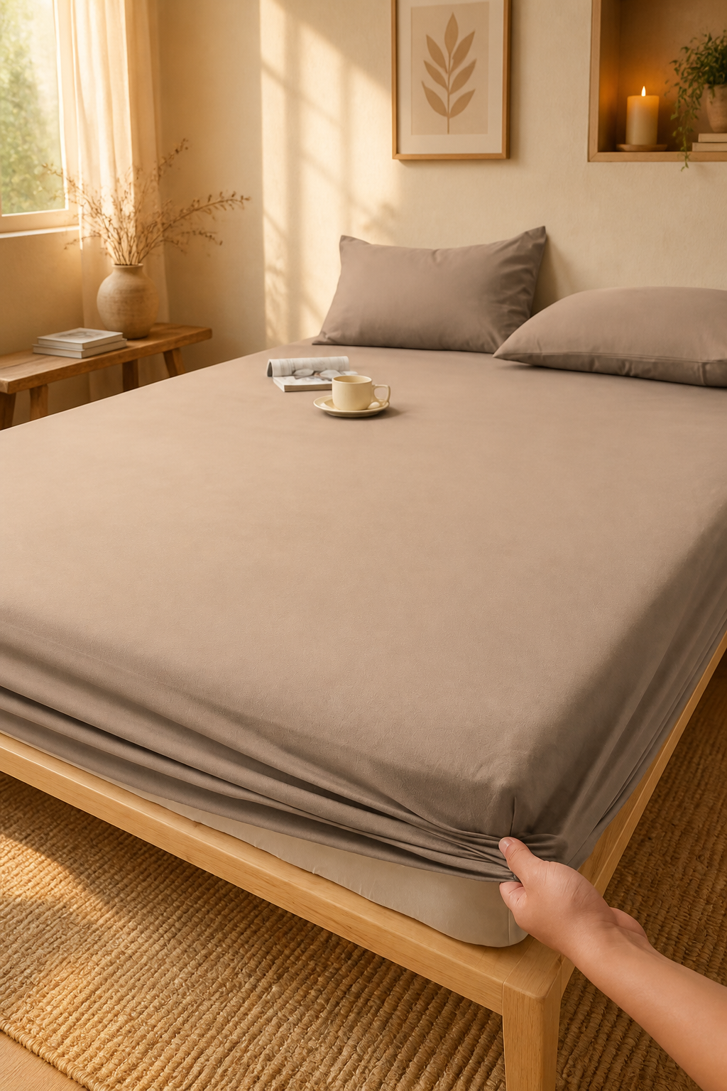 Jogo de Cama 400 Fios liso em quarto aconchegante com tons bege e tapete trançado - Vittara Decor