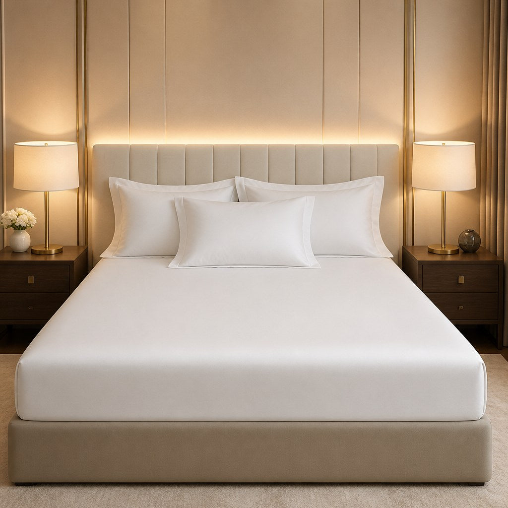 Jogo de cama de algodão egípcio branco em quarto estilo hotel - Vittara Decor