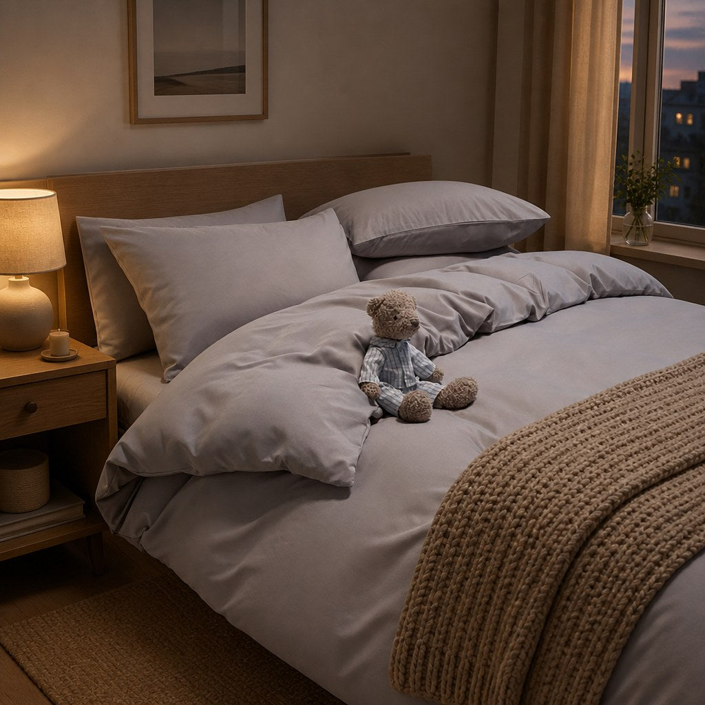 Jogo de cama nórdico cinza em quarto ao entardecer com manta - Vittara Decor