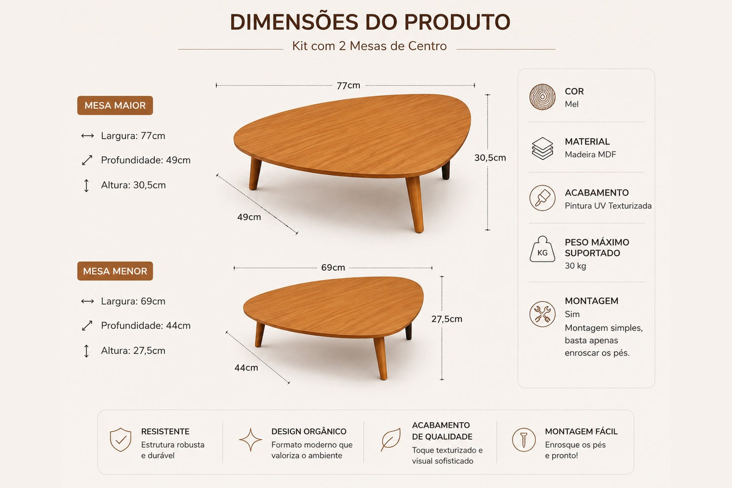 Medidas das mesas de centro: 77x49x30,5 cm a maior e 69x44x27,5 cm a menor - Vittara Decor