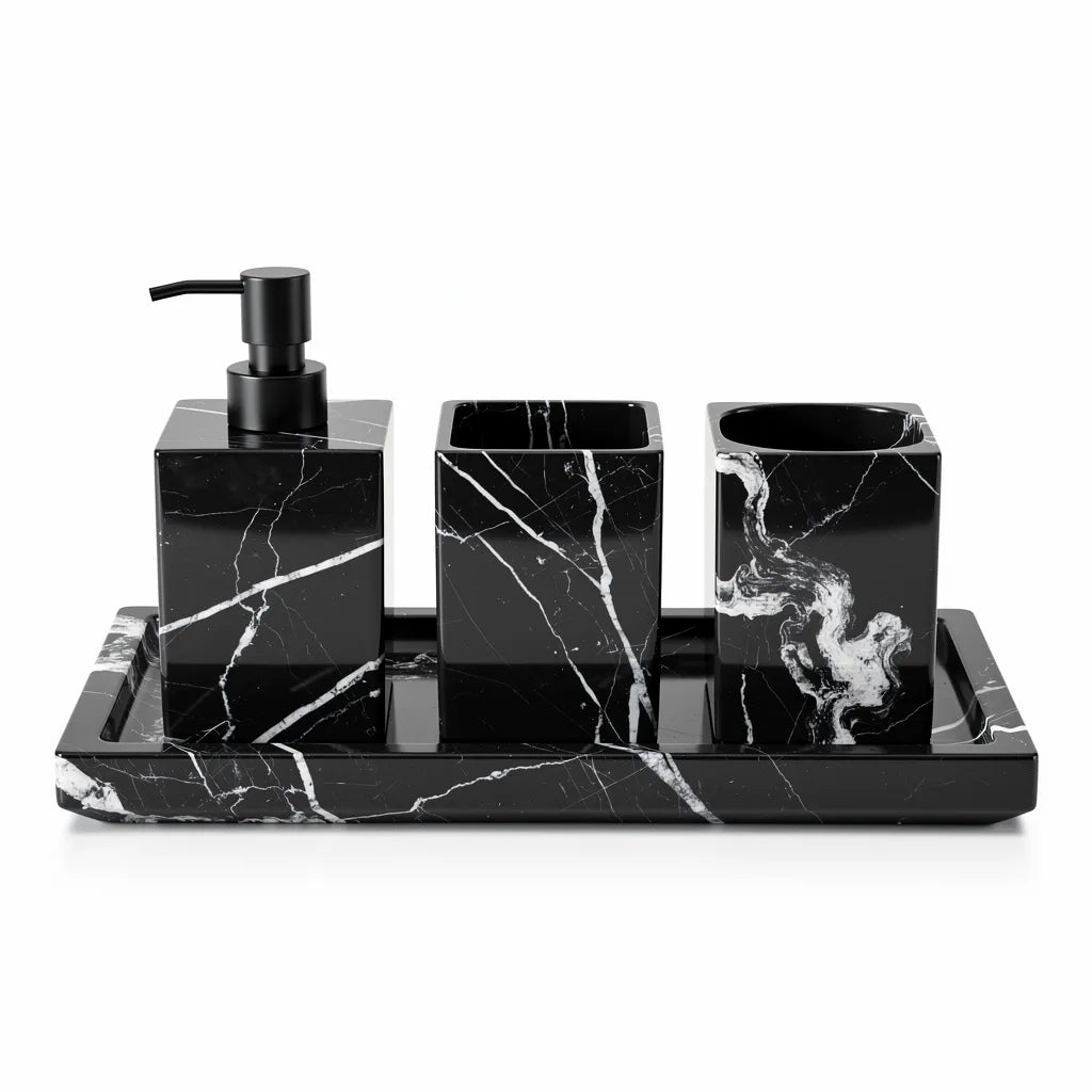 Kit acessórios de banheiro efeito mármore preto 4 peças — fundo branco — Vittara Decor