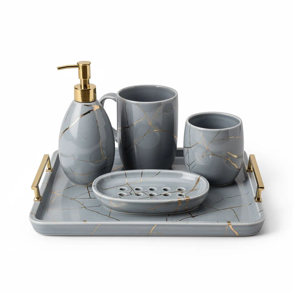 Kit acessórios banheiro marmorizado nórdico cinza 6 peças com bandeja — fundo branco — Vittara Decor
