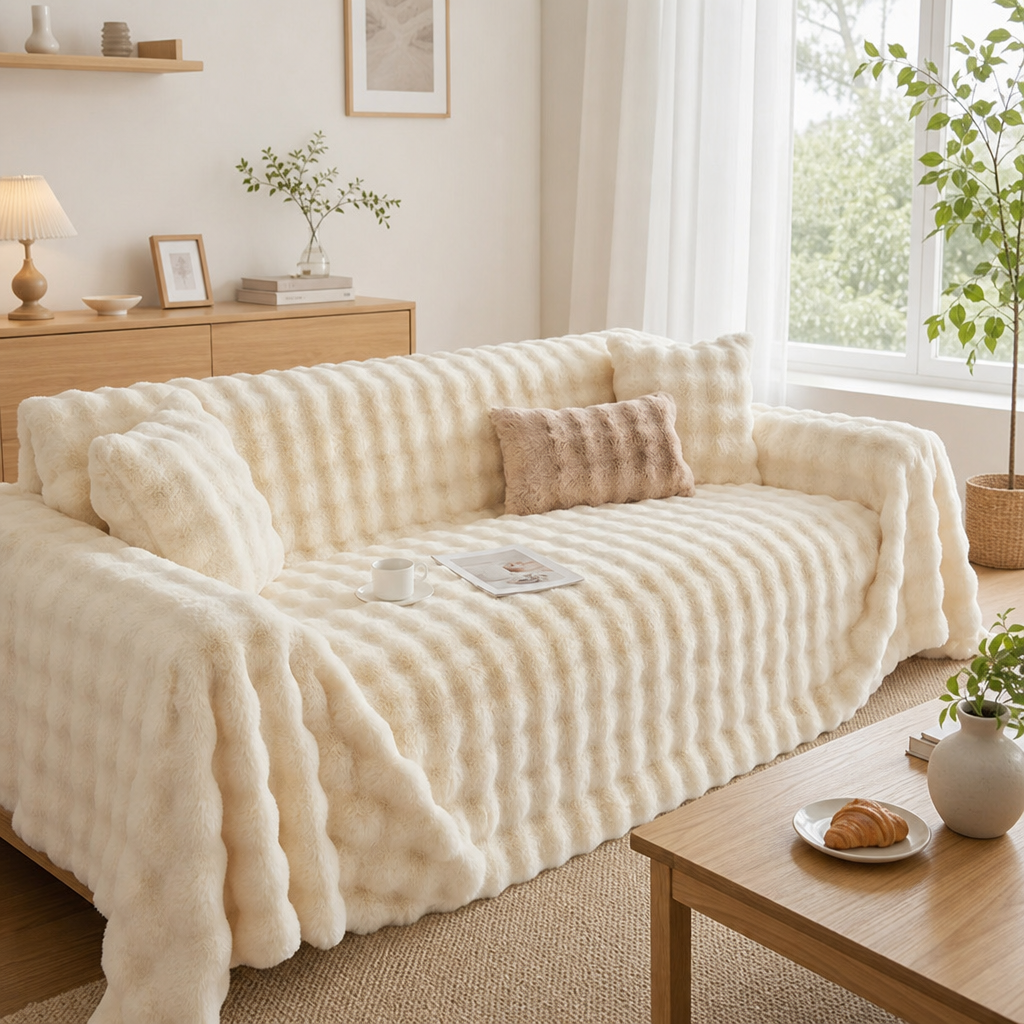 Manta Felpuda para Sofá creme em pelúcia sobre sofá em sala escandinava com luz natural - Vittara Decor
