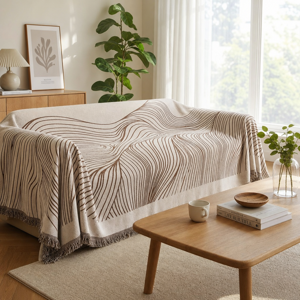 Manta para Sofá em Chenille marrom sobre sofá em sala escandinava com luz natural - Vittara Decor