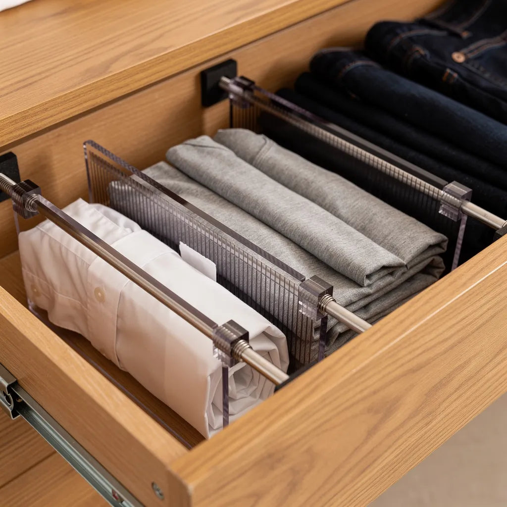 Gaveta de roupas organizada com divisórias de acrílico transparente separando camisas brancas camisetas e - Vittara Decor