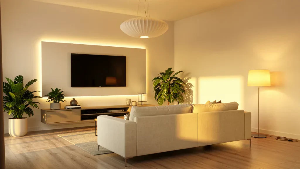 Sala de estar moderna com iluminação em camadas: luminária de chão, pendente e fitas LED