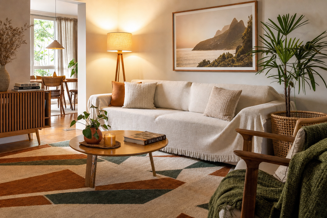 Sala de estar decorada com tapete geometrico, sofa com capa neutra e luminaria de piso
