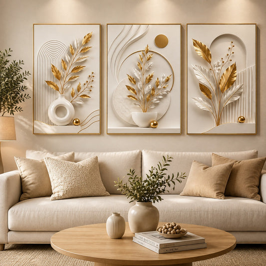 Trio de quadros centralizado acima do sofá numa sala clara - Vittara Decor