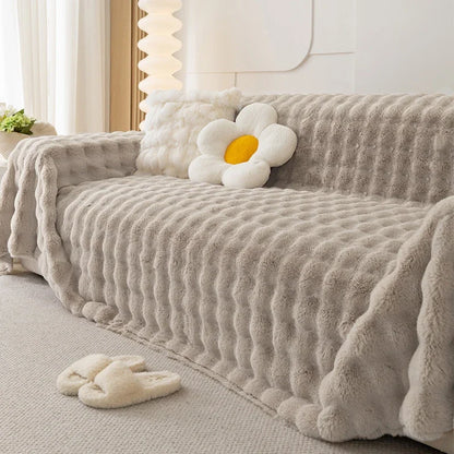 Manta Felpuda para Sofá cinza claro em pelúcia com textura em ondas - Vittara Decor