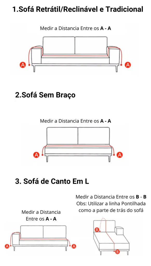 Tabela de medidas da Manta para Sofá Jacquard para sofá retrátil, sem braço e de canto - Vittara Decor
