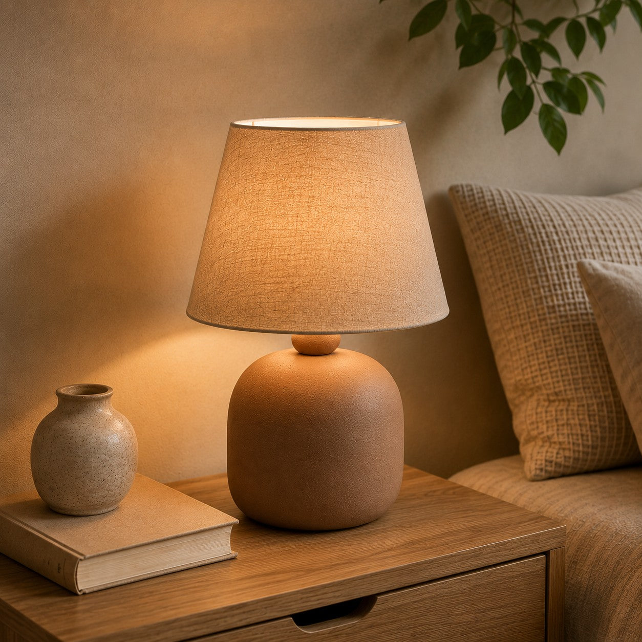 Abajur de cerâmica marrom amêndoa aceso na cabeceira da cama - Vittara Decor