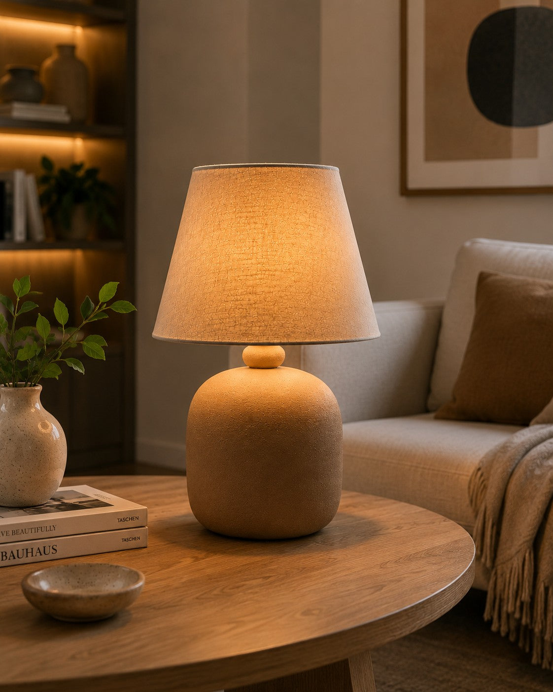 Abajur de cerâmica marrom amêndoa em mesa lateral ao lado do sofá - Vittara Decor
