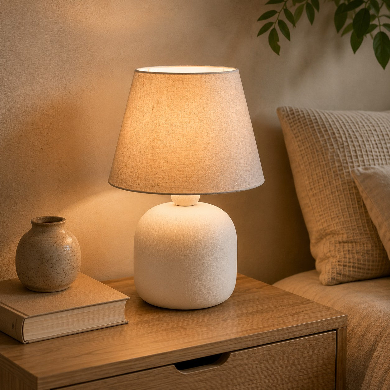 Abajur de cerâmica off white aceso no criado-mudo do quarto - Vittara Decor