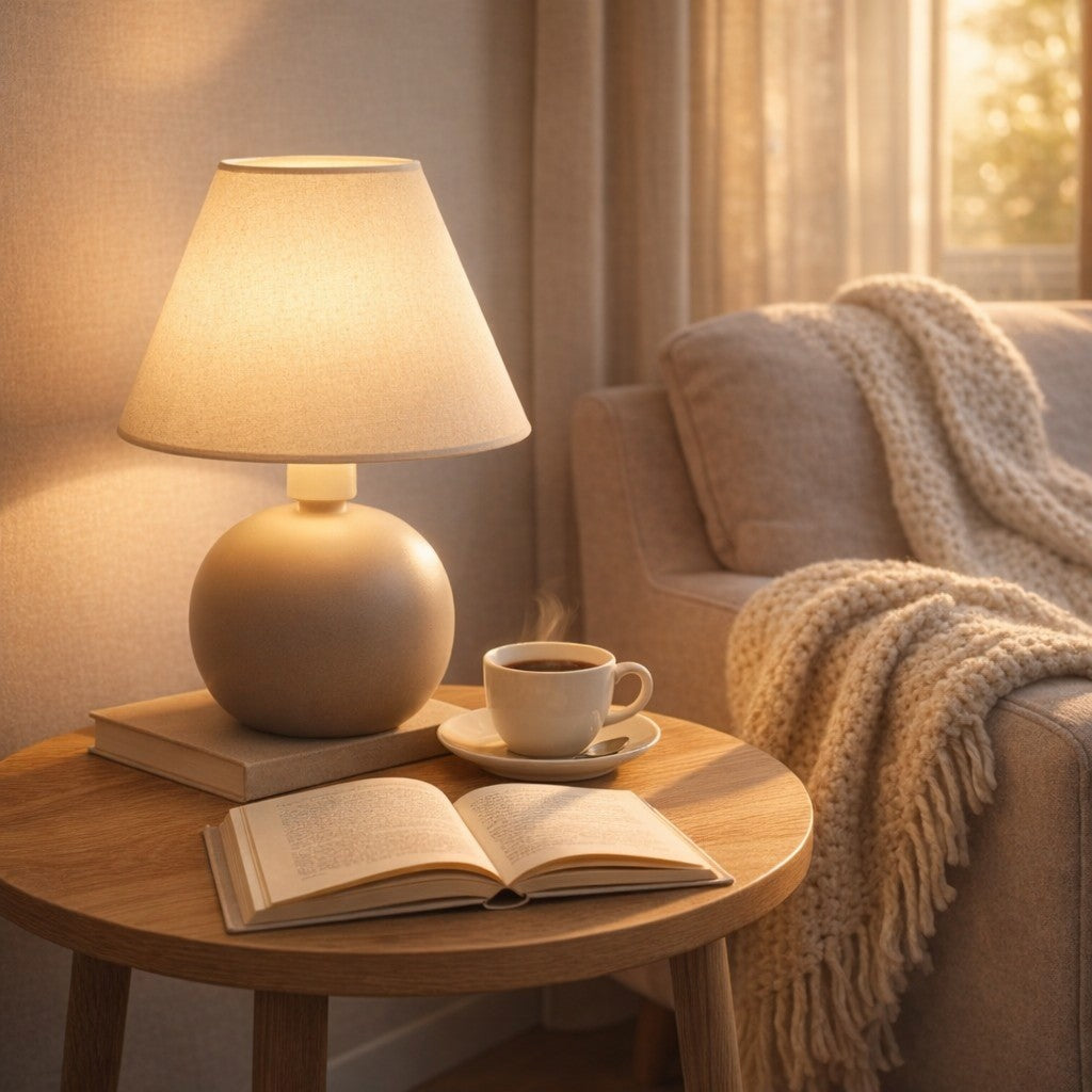 Abajur de cerâmica bolinha marrom amêndoa na mesa lateral ao lado da poltrona - Vittara Decor