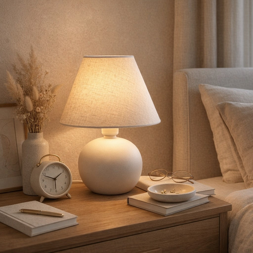 Abajur de cerâmica bolinha off white no criado-mudo do quarto - Vittara Decor