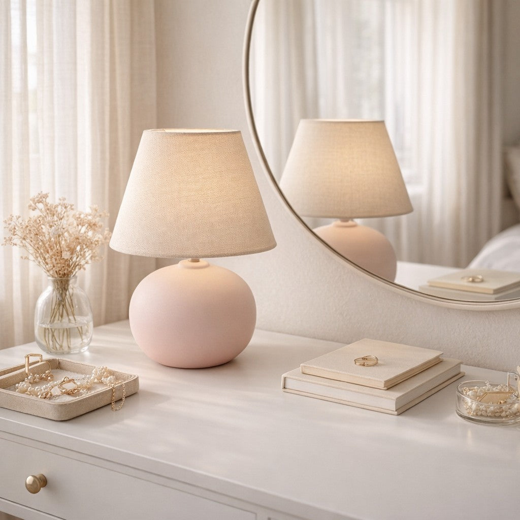 Abajur de cerâmica bolinha rosa queimado na penteadeira com luz da manhã - Vittara Decor