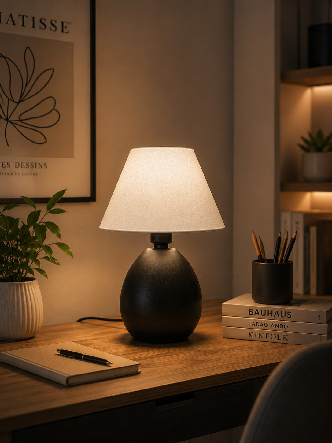Abajur de cerâmica elipse preto fosco na mesa do escritório - Vittara Decor