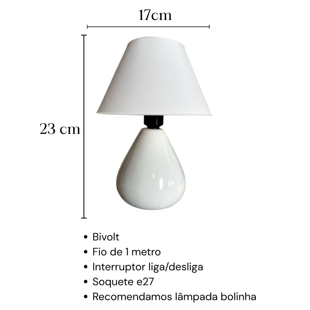 Medidas do abajur de cerâmica gota: 23 cm de altura e cúpula de 17 cm - Vittara Decor