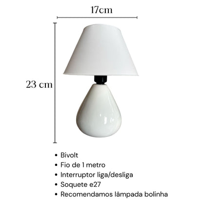 Medidas do abajur de cerâmica gota: 23 cm de altura e cúpula de 17 cm - Vittara Decor