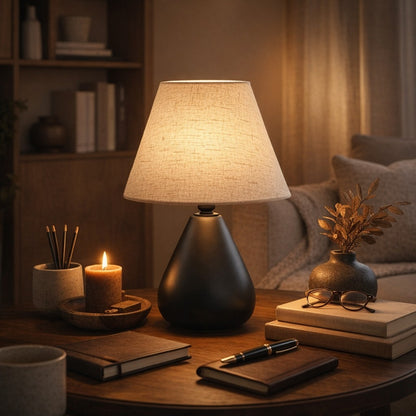 Abajur de cerâmica gota preto fosco aceso na sala com vela e livros - Vittara Decor