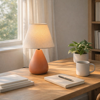 Abajur de cerâmica gota terracota na escrivaninha do home office com luz natural - Vittara Decor