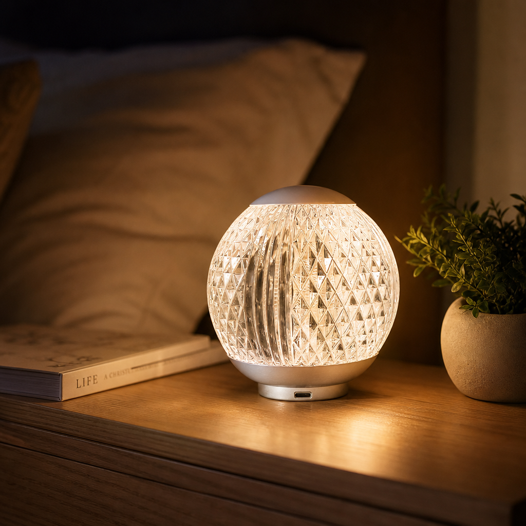 Abajur de cristal aceso na mesa de cabeceira a noite com livro e planta - Vittara Decor