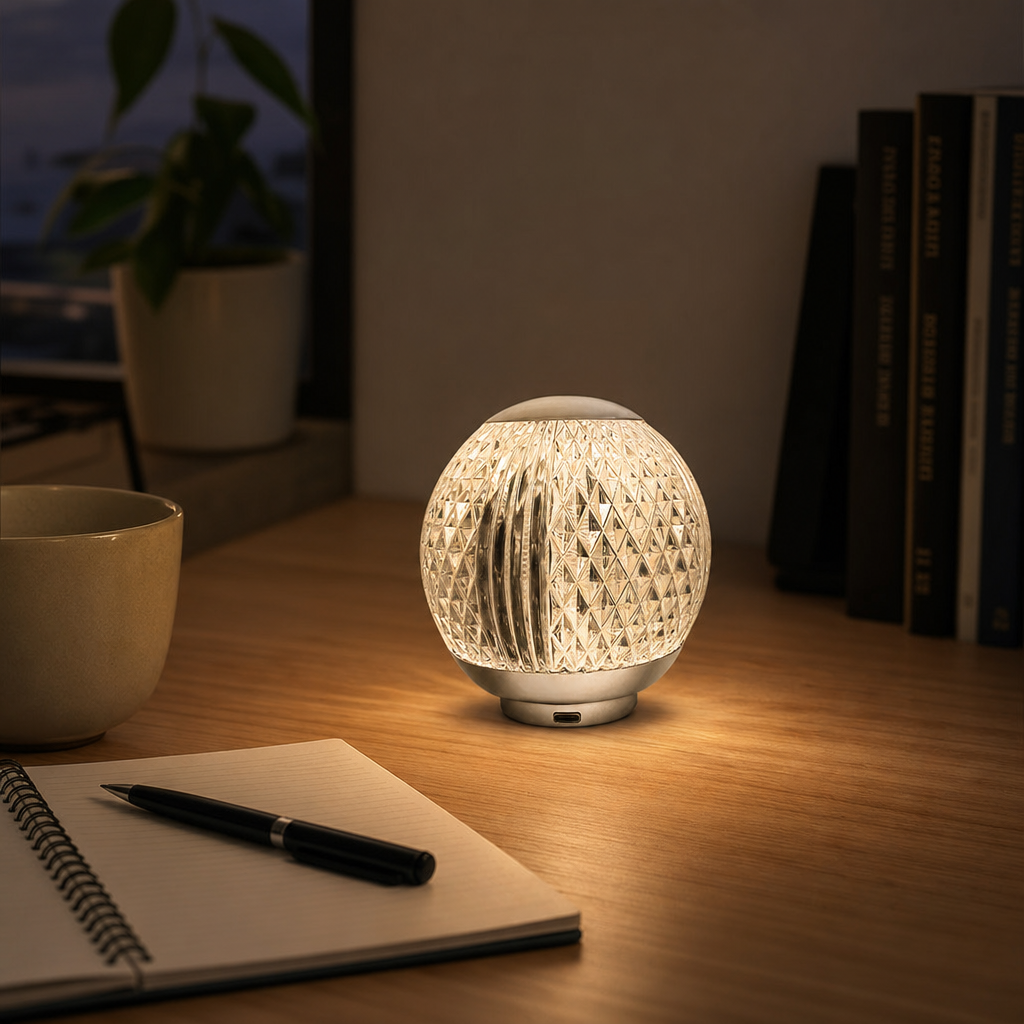 Abajur de cristal sobre escrivaninha de madeira ao lado de caderno aberto - Vittara Decor