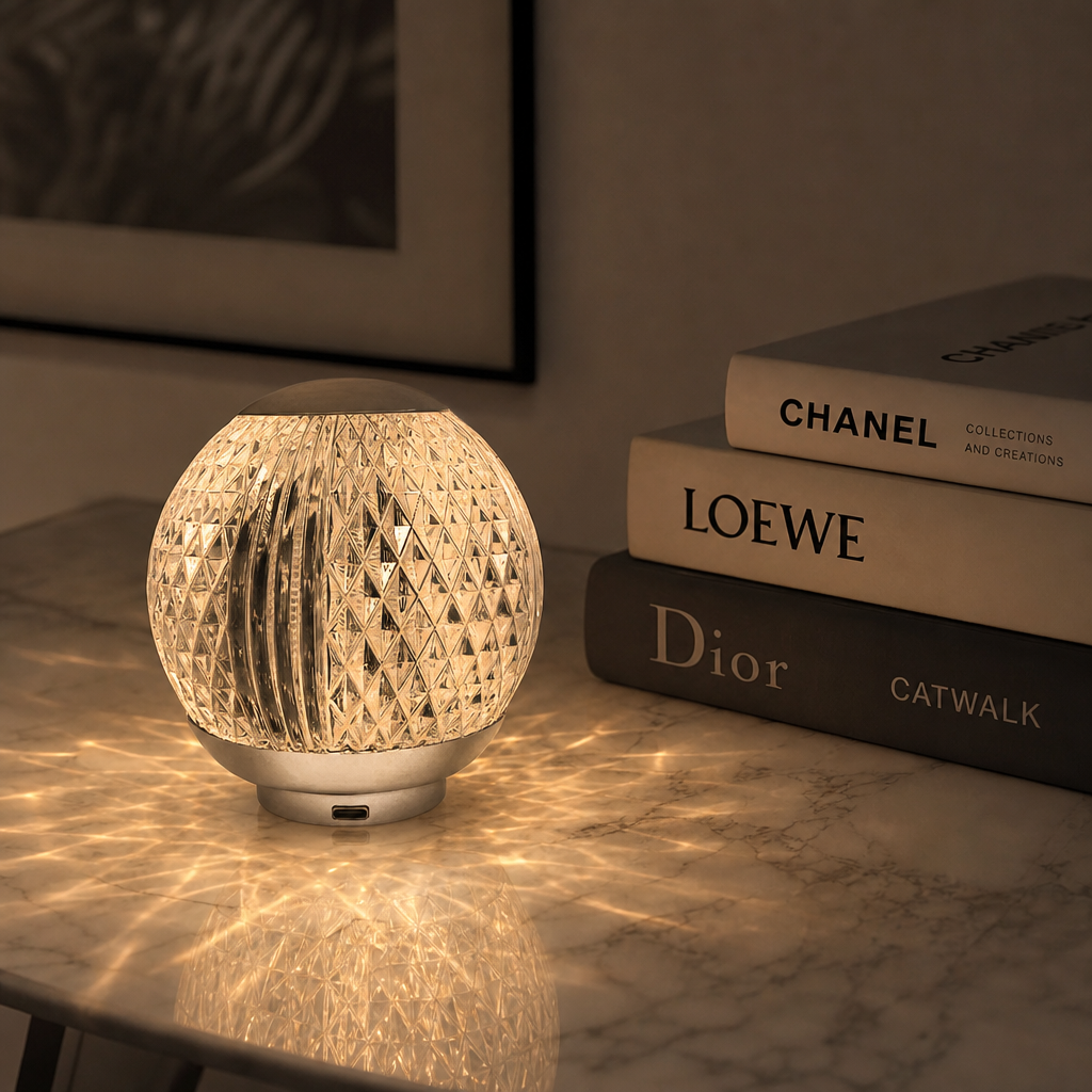 Abajur de cristal sobre marmore branco projetando padroes de luz - Vittara Decor