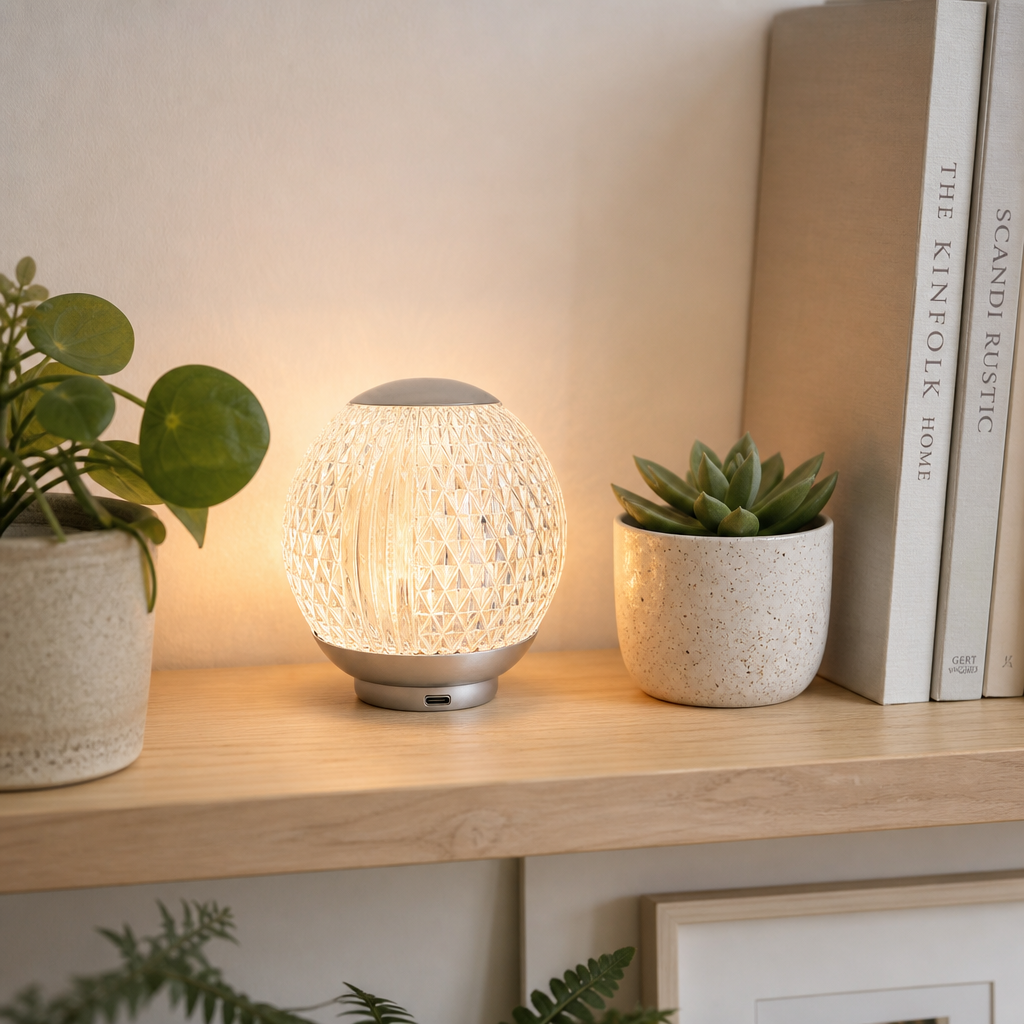 Abajur de cristal em prateleira de madeira entre plantas e livros - Vittara Decor