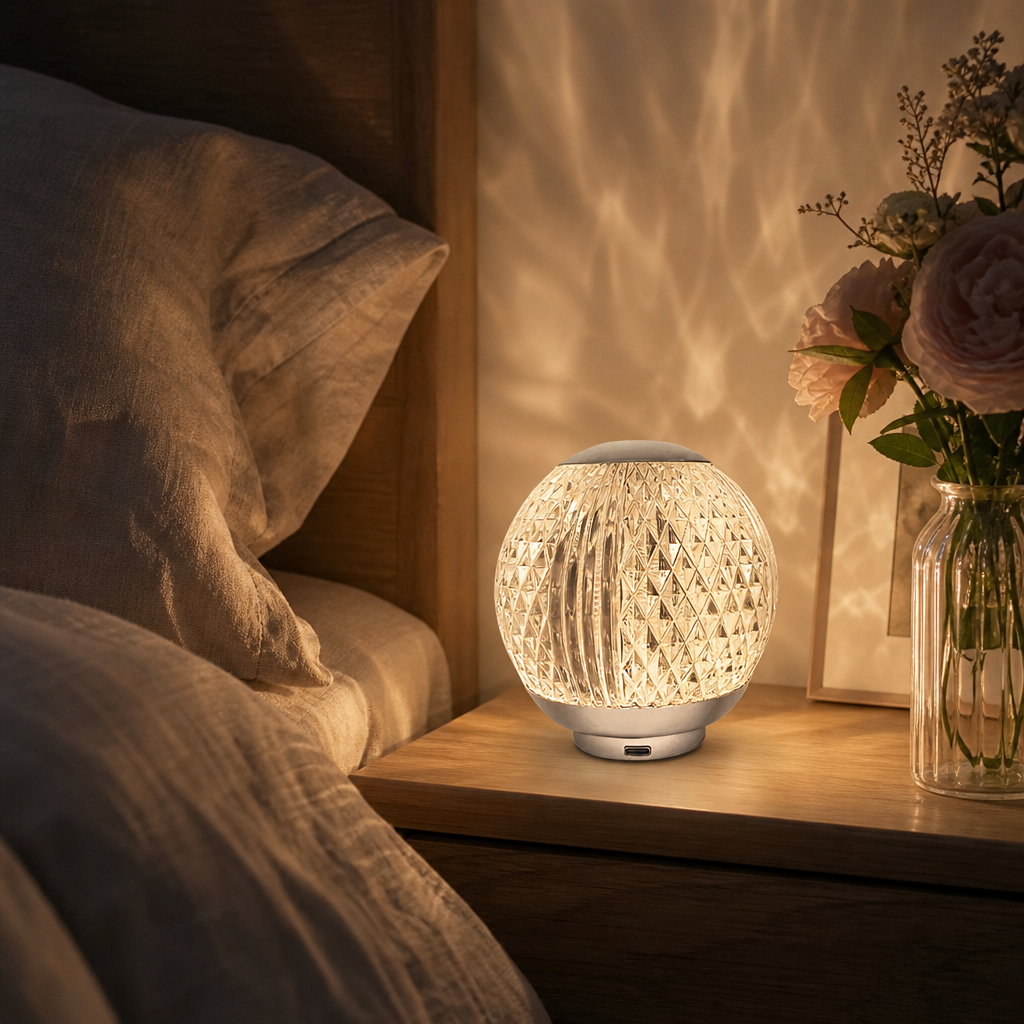 Abajur de cristal em mesa de cabeceira com luz suave e padroes na parede - Vittara Decor