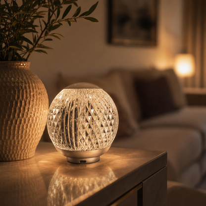 Abajur de cristal aceso em aparador de sala de estar ao lado de vaso - Vittara Decor