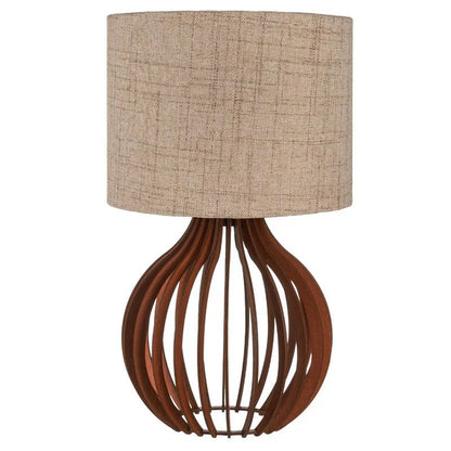 Abajur de madeira com base ripada curvada e cúpula de linho para quarto - Vittara Decor