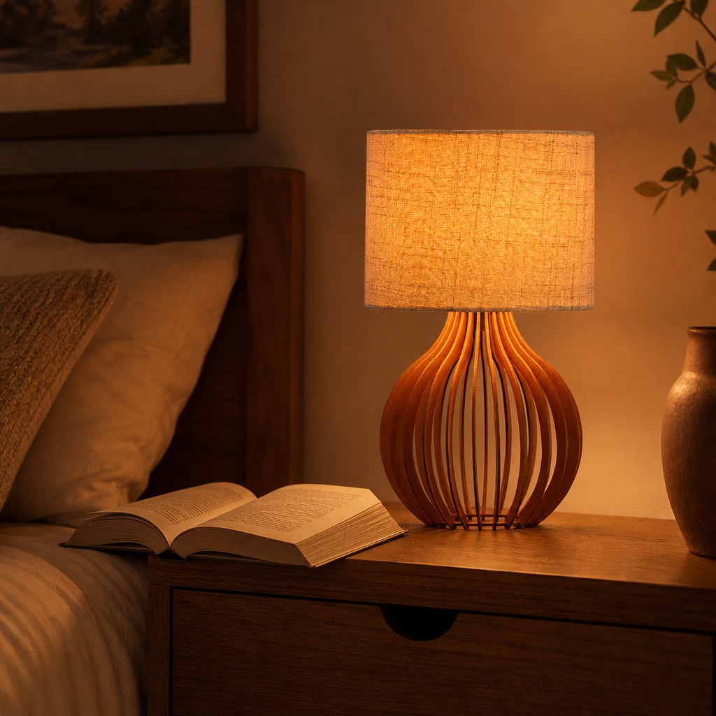 Abajur de madeira na cabeceira com livro aberto e luz quente de leitura - Vittara Decor