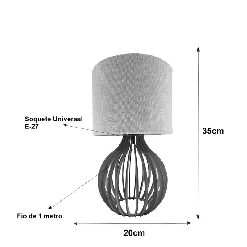 Dimensões do abajur de madeira 35cm de altura soquete E27 e fio de 1 metro - Vittara Decor