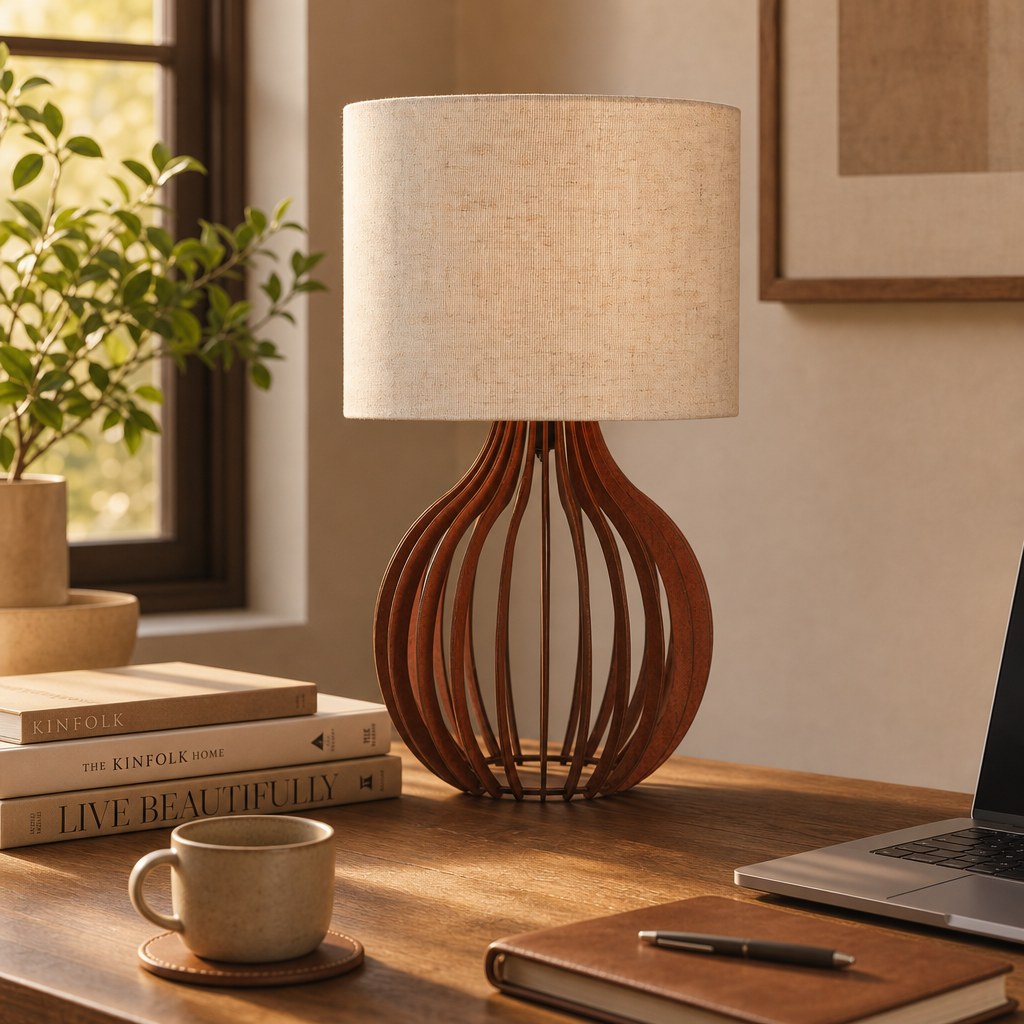 Abajur de madeira aceso na mesa de home office com livros e xícara - Vittara Decor