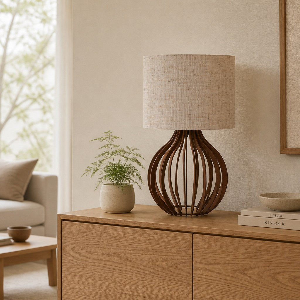 Abajur de madeira sobre aparador em sala estilo nórdico com planta - Vittara Decor