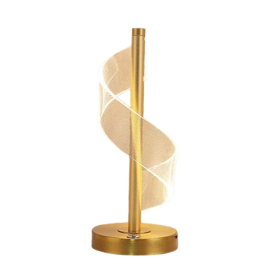 Abajur de mesa touch LED espiral dourado com fita de acrílico em fundo branco - Vittara Decor