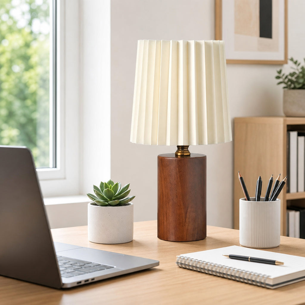 Abajur Luminária de Mesa Base de Madeira 3 Temperaturas LED para Quarto e Sala Madeira Marrom em home office com mesa de madeira e plantas - Vittara Decor