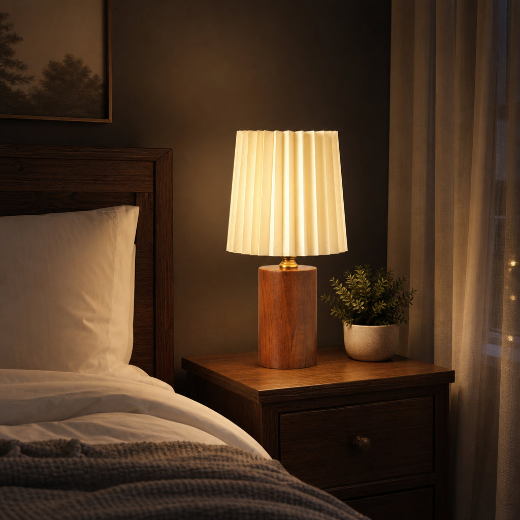 Abajur Luminária de Mesa Base de Madeira 3 Temperaturas LED para Quarto e Sala Madeira Marrom em quarto com criado-mudo e cabeceira iluminada - Vittara Decor