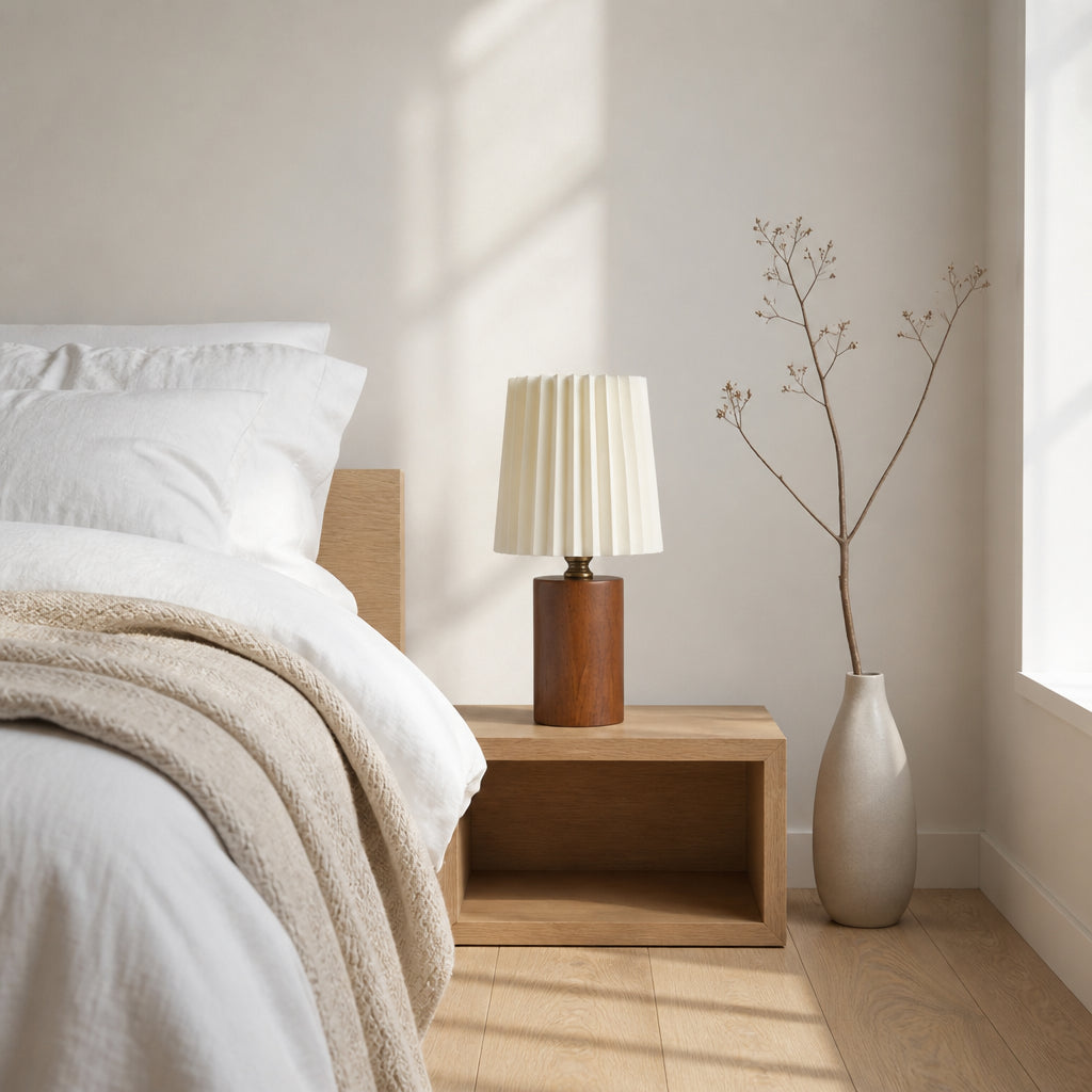 Abajur Luminária de Mesa Base de Madeira 3 Temperaturas LED para Quarto e Sala Madeira Marrom em quarto escandinavo minimalista com lençóis brancos - Vittara Decor