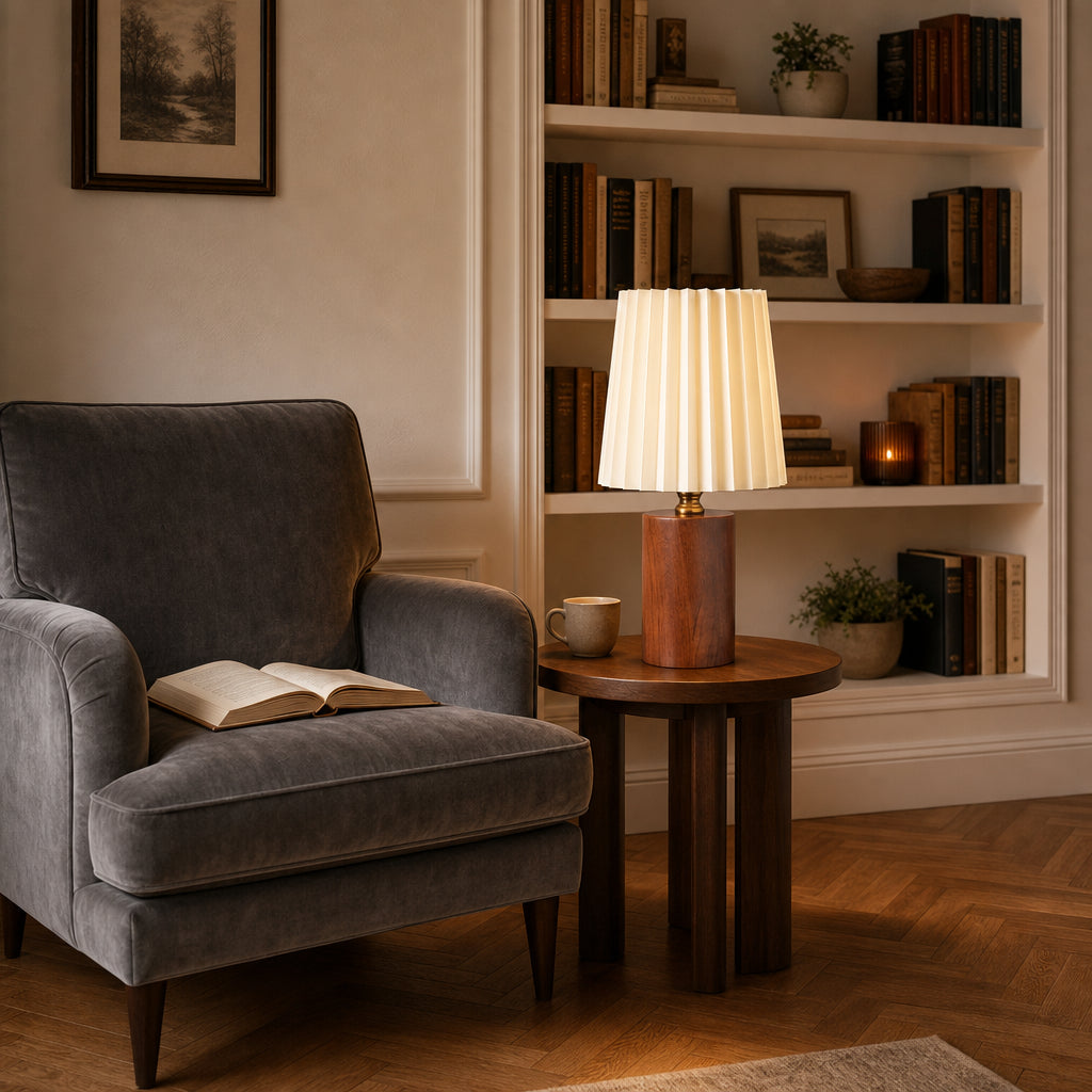 Abajur Luminária de Mesa Base de Madeira 3 Temperaturas LED para Quarto e Sala Madeira Marrom em sala de leitura com poltrona de veludo cinza - Vittara Decor