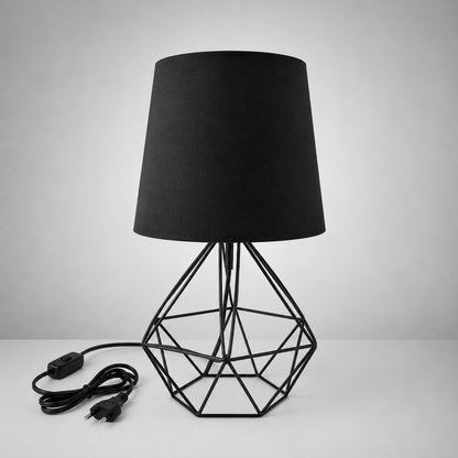 Abajur de mesa aramado diamante todo preto com cúpula de tecido - Vittara Decor
