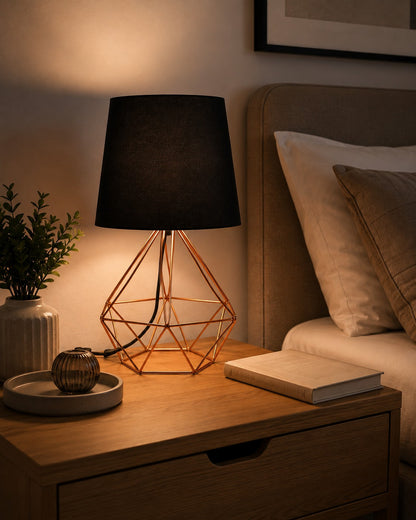Abajur aramado aceso na cabeceira do quarto com luz quente - Vittara Decor