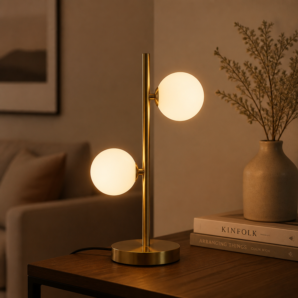 Abajur de mesa dourado de 2 globos de vidro em aparador de sala de estar - Vittara Decor