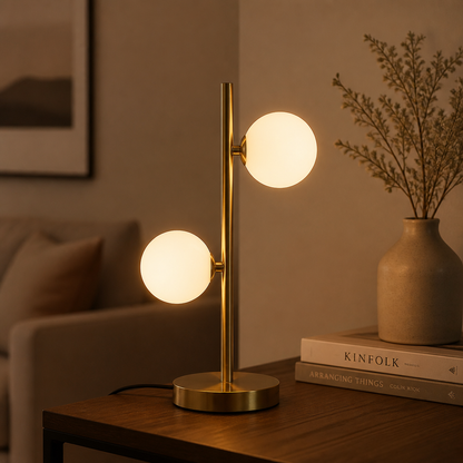 Abajur de mesa dourado de 2 globos de vidro em aparador de sala de estar - Vittara Decor