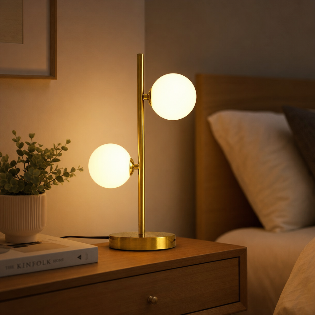 Abajur de mesa dourado com globos de vidro aceso na cabeceira a noite - Vittara Decor