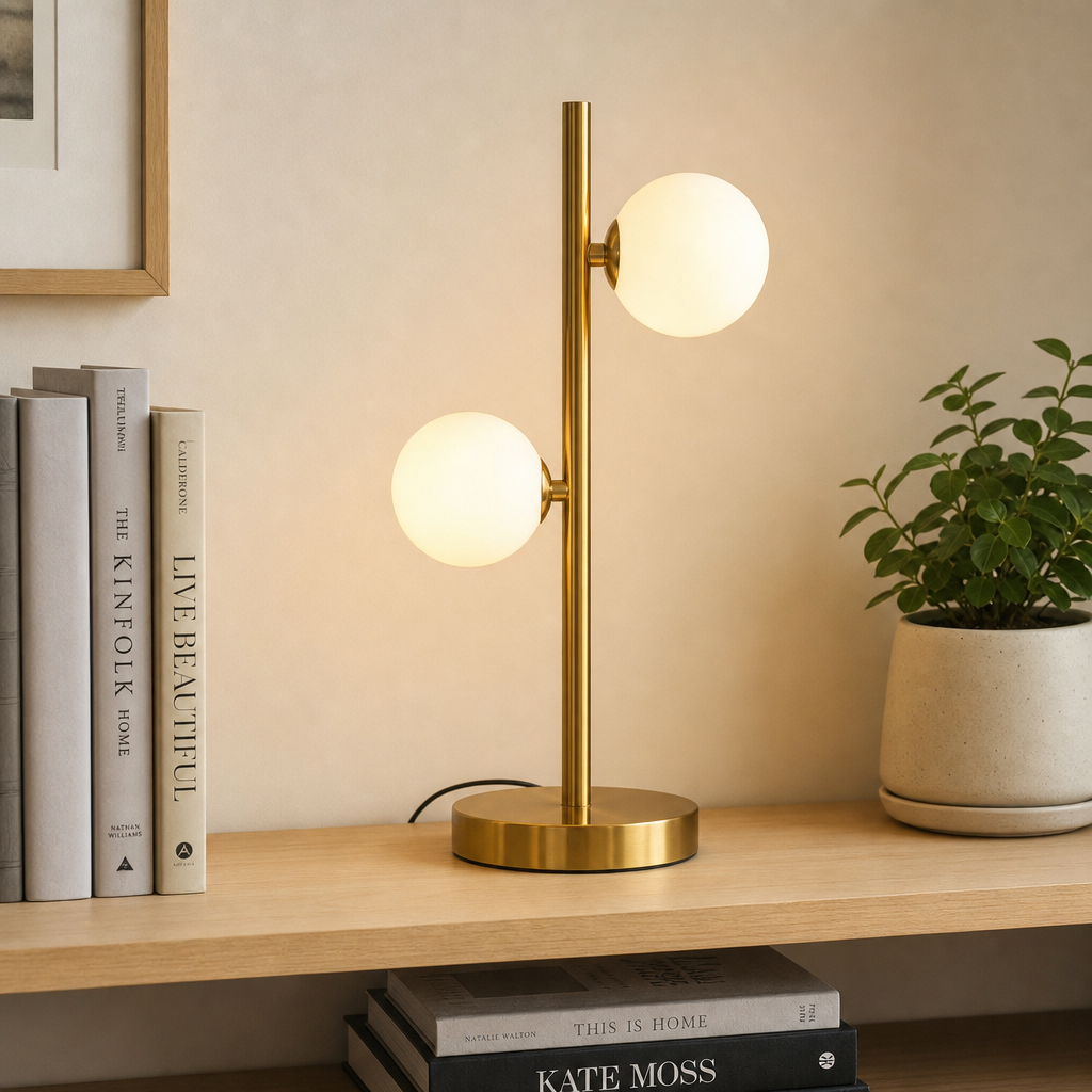 Abajur de mesa dourado com globos de vidro em prateleira de madeira com livros - Vittara Decor